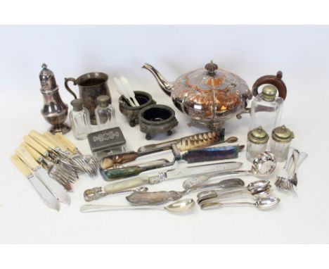 Selection of miscellaneous silver plate - including teapot, mug, sugar castor, asparagus tongs, flatware and other items (qty