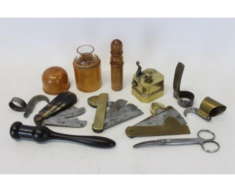 Group of vintage medieval instruments - including brass scarificator, three fleams, two hook blades and one other, two boxwoo