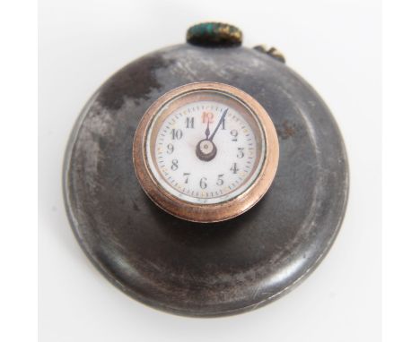Unusual gentlemen's Swiss gun metal buttonhole watch with white enamel dial, Arabic numerals and blue steel hands, 30mm - inc
