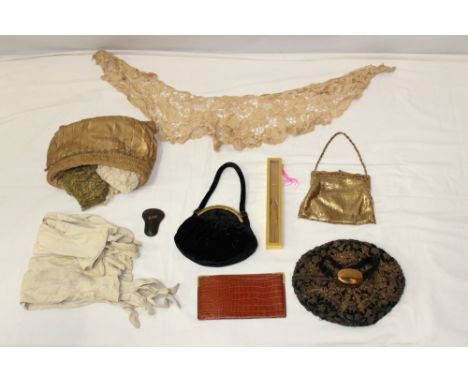 Vintage accessories - including velvet and wirework handbag with circular expanding clasp, Whiting & Davis gold mesh handbag,