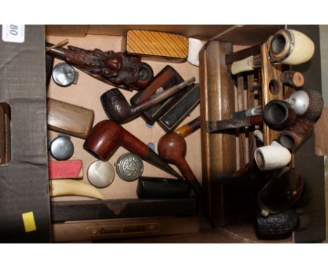 Collection of vintage pipes, cheroots, silver trinket boxes, etc