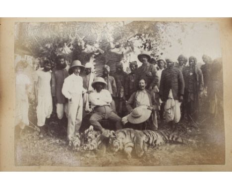 Social history photographs - Victorian tiger hunt, group photographs with tigers, tiger skins, Natives, hunters, elephants an