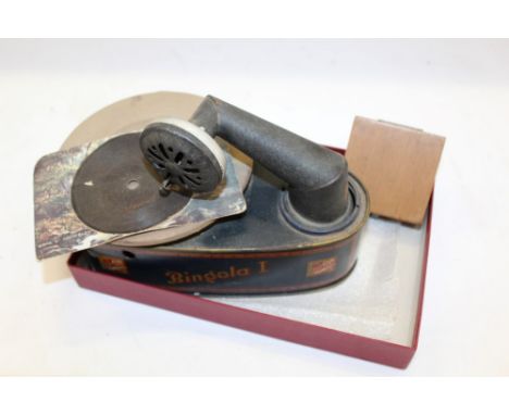 Bing child's tinplate clockwork record player 'Bingolal', made in West Germany, plus small wooden box with needles
