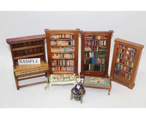 Dolls' house items - including bookcases with books, painted chest of drawers, tables, ceramic bathroom suites, globe on meta