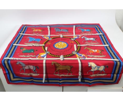 Authentic Hermes silk scarf - 'Couvertures et Tenues du Jour' Equestrian, 1974, Jacques Eudel, in Hermes Orange pouch