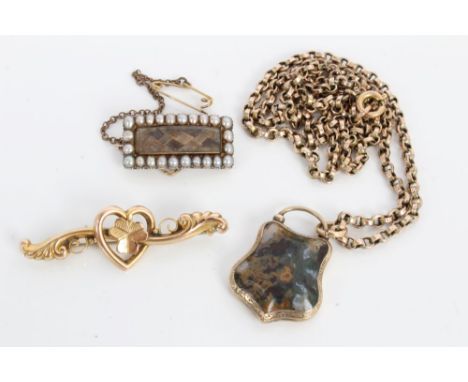 Victorian agate padlock locket on chain, George III seed pearl mourning brooch and an Edwardian gold (9ct) bar brooch (3) CON