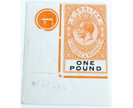 Stamps - Gibraltar 1927 £1.00 red-orange and black - u/m corner control example (1)