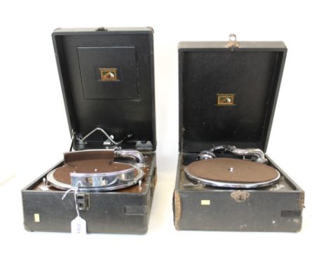 Two HMV wind-up portable gramophones, plus a vintage gramophone horn and various gramophone records, flutter meter test recor