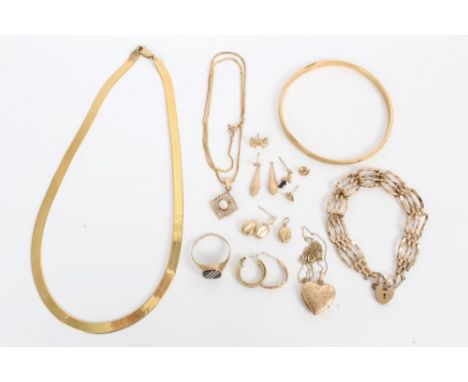 Gold (9ct) necklace, gold (9ct) bangle, gold (9ct) gate bracelet, two other gold necklaces, gold (9ct) signet ring and variou