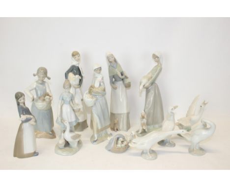 Collection of Lladro porcelain items - including four figures, five geese, plus two Nao figures and one other similar figure 