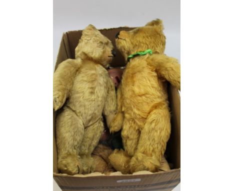 Teddy Bears - two vintage golden mohair bears with glass eyes, vertically-stitched nose and shaved snout, plus some old dolls