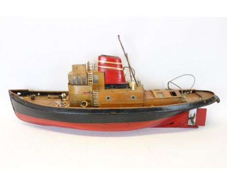 Vintage scratch-built wooden model of a steam barge, 90cm long