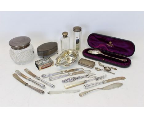 Selection of miscellaneous silver - including pap boat, flatware, silver mounted toilet jars, snuff box, matchbox holder and 