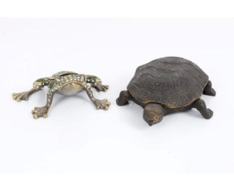 Contemporary brass and enamel box in the form of a frog and another brass box in the form of a tortoise 