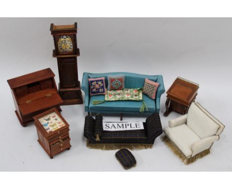 Dolls' house items - including sofa, tapestry cushions, grandfather clock, chest of drawers, davenport, tables, dresser, etc,