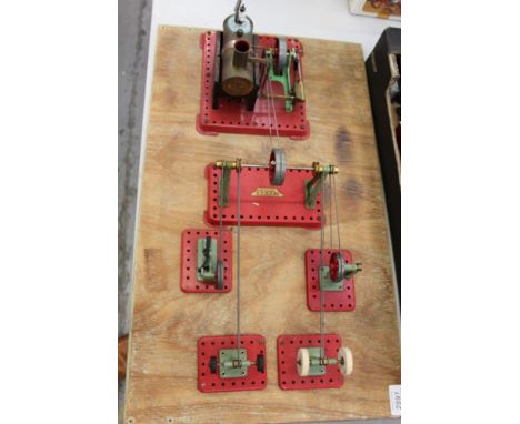 Mamod steam tractor, boxed, plus stationery steam engine mounted on plywood board with pulley system
