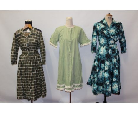 Selection of ladies' vintage dresses, 1930s - 1950s period - including crossover print cotton hostess dress, Fenwick cotton d