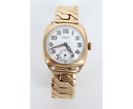 J. W. Benson, gentlemen's gold (9ct) wristwatch with white enamel dial and subsidiary seconds dial, on gold plated expandable