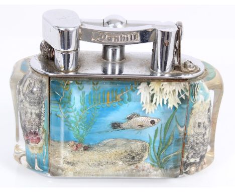 Fine 1950s Alfred Dunhill aquarium table lighter with chrome plated metal mounts and reverse painted lucite panels depicting 