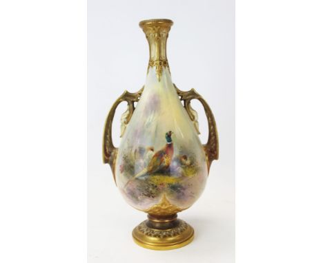 Royal Worcester oviform two-handled vase, finely decorated with pheasants, signed - Jas Stinton, printed marks to base - Roy 