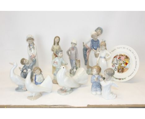 Ten Nao porcelain figures - including boy with chamberstick, boy praying, couple with basket, plus three Lladro figures and a