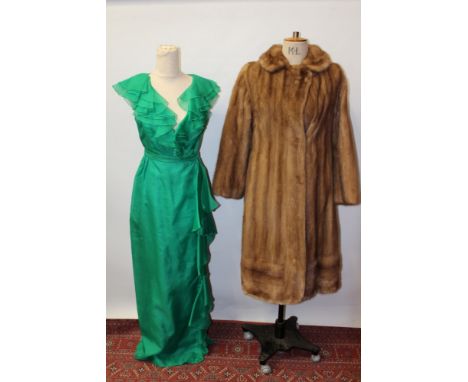 Ladies' 1950s emerald-green crepe silk long evening gown by Bellville Sassoon - ruffle frill to neckline and down crossover f