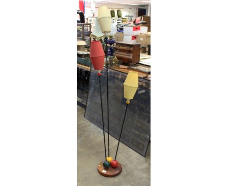 Mid-20th century modernist-style standard lamp with three projecting lights - each with ball motif and wooden base, total hei