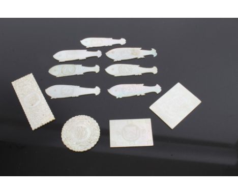 19th century Chinese mother of pearl gaming counter of rectangular form, with engraved armorial and monogram, two other monog