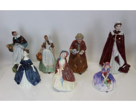 Royal Worcester figure - In Celebration of The Queen's 80th Birthday and six Royal Doulton figures - Teatime HN2255, The Milk