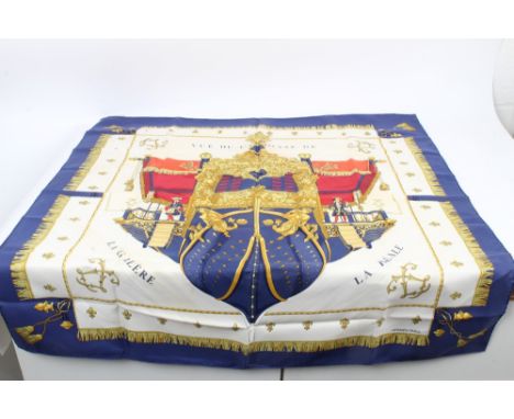 Authentic Hermes silk scarf - 'Vue du Carrosse de la Galere la Reale' 1953 Hugo Gryakar, in a Hermes Orange pouch