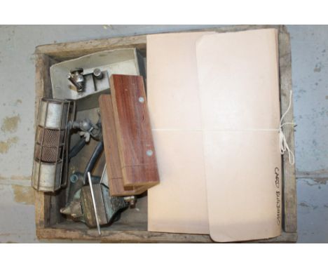Wooden box containing model makers' tools and equipment - including precision instruments, soldering irons, mechanical turnta