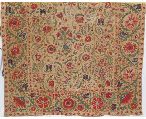 Antique textiles:  19th century Ottoman / Uzbek Suzani cloth, traditionally worked in strips and panels in basma stitch with 
