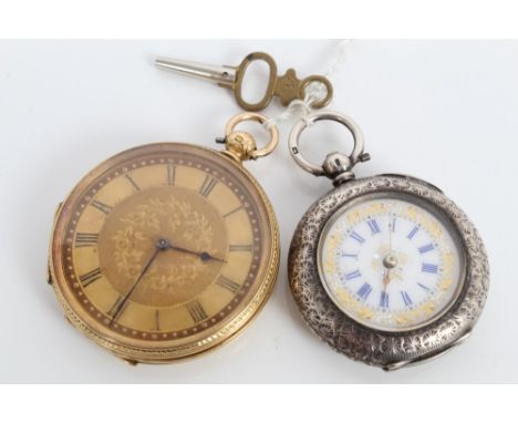 Late 19th century Swiss gold cased fob watch with engraved dial and case, together with a silver cased fob watch with enamel 