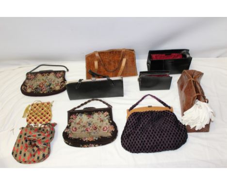 Vintage handbags - including leather, crocodile skin and tapestry, with a top hat, black bowler hat, fur and straw hats (qty)