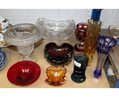 Selection of glassware - including art glass bowls and vases, Wedgwood glass candlestick, cut glass bowl, etc