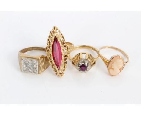 Gold (18ct) ruby ring, gold (9ct) cameo ring, one other gold (9ct) dress ring and a yellow metal red stone dress ring (4) CON