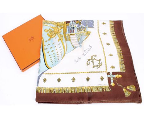 Authentic Hermes silk scarf - 'Vue du Carrosse de la Galere la Reale', 1953, Hugo Gryakar, in a Hermes Orange box