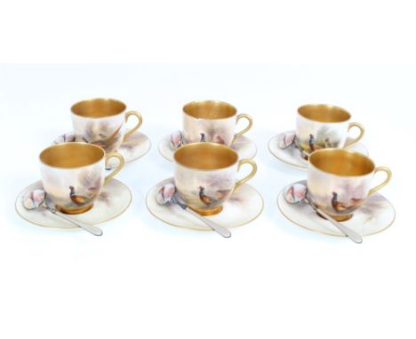 Fine 1920s Royal Worcester John Stinton decorated coffee set - comprising six cups and saucers finely painted with pheasants 