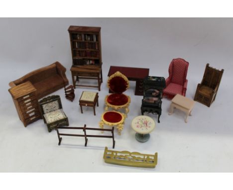 Dolls' house good quality furniture - including collectors' cabinet with tiny specimens, painted cabinet, workbox with tiny c