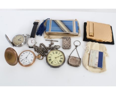 Silver cased pocket watch with silver Albert chain, two other pocket watches, Tissot wristwatch, two silver vesta cases and t
