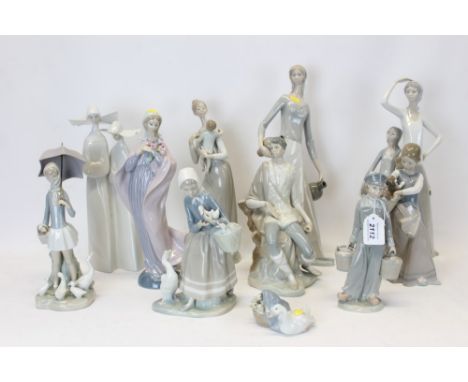 Collection of eleven Lladro and Nao porcelain figures - including lady holding flowers, lady carrying basket of puppies, lady