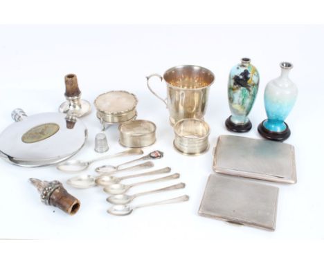 Two silver cigarette cases, two white metal and enamel vases, silver christening mug and other items