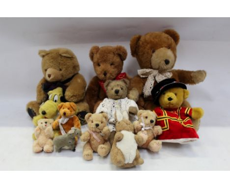 Teddy Bears selection - including Harrods 1994 and 1997, Merrythought glove puppet teddy, some small teddies, soft toys and D