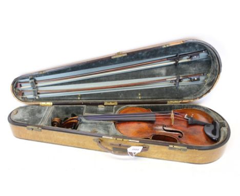 Late 19th / early 20th century violin with two bows in a velvet-lined wooden case, case with trade label - W. E. Hill & Sons 