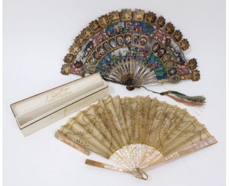 19th century Chinese painted papier mâché fan with gilt ornament sticks and with painted paper panels depicting figures with 