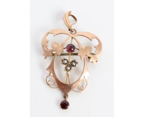 Edwardian gold (9ct) garnet and seed pearl openwork scroll pendant / brooch, 44mm CONDITION REPORT Weight 2 grams