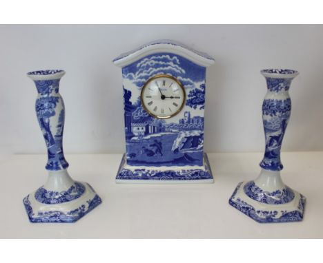 Copeland Spode limited edition - The Spode Blue Italian Clock with certificate and a pair of candlesticks (3)