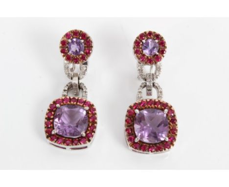 Pair amethyst, ruby and diamond drop earrings in white gold (14k) mount CONDITION REPORT Total gross weight approximately 10.