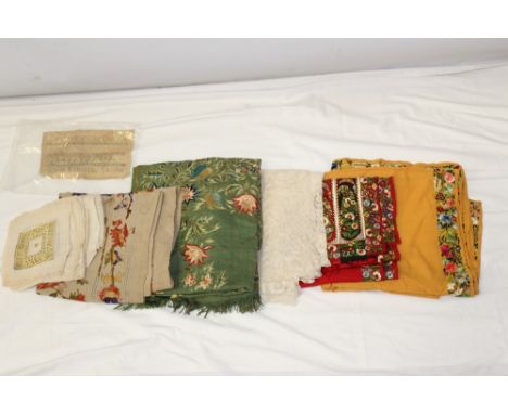 Vintage embroidered wool square and longer runner - both hand decorated in brightly coloured silk threads, plus a red wool ru
