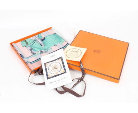 Hermes silk scarf 'Chocs En Plumes' designed by Christiane Vauzelles 1993, with Hermes orange box, leaflets and brown ribbon 